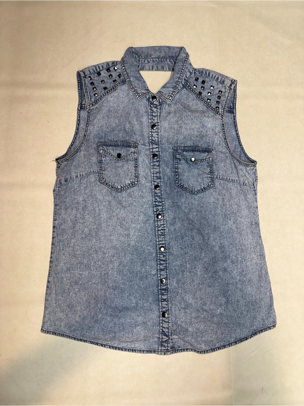 Y2K Allen Schwartz Light Blue Studded Sleeveless Denim Button-Down